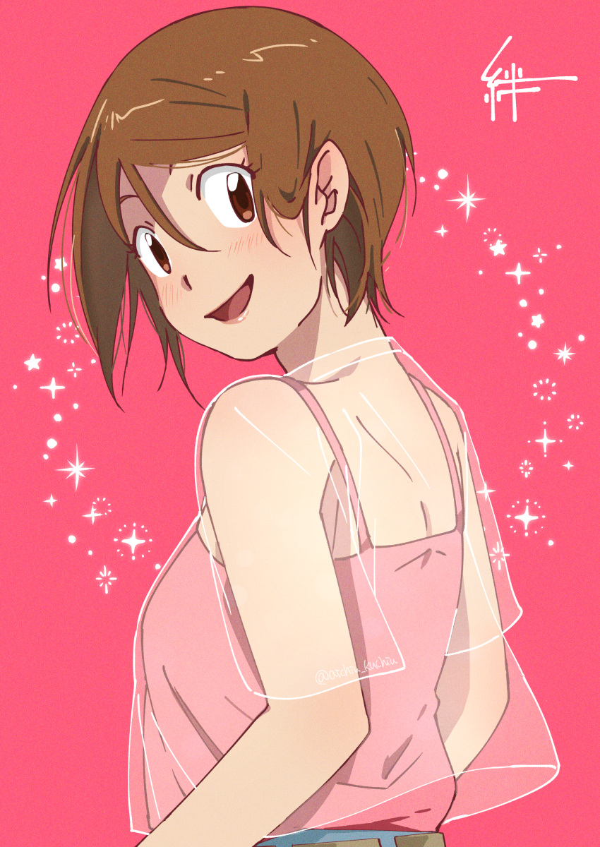 1girl absurdres brown_eyes brown_hair digimon digimon_adventure highres huge_filesize pink_background short_hair smile solo yagami_hikari