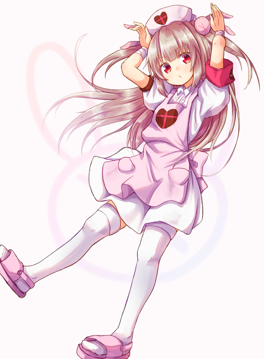 &gt;_&lt; 1girl apron armband bandaged_arm bandages bangs baram blush brown_hair bunny_hair_ornament bunny_pose collared_shirt commentary_request eyebrows_visible_through_hair flower hair_ornament hat heart highres long_hair natori_sana nurse_cap parted_lips pink_apron pink_flower pink_headwear pleated_skirt puffy_short_sleeves puffy_sleeves red_eyes sana_channel sandals shirt short_sleeves sidelocks skirt solo thigh-highs two_side_up v-shaped_eyebrows very_long_hair virtual_youtuber white_legwear white_shirt white_skirt