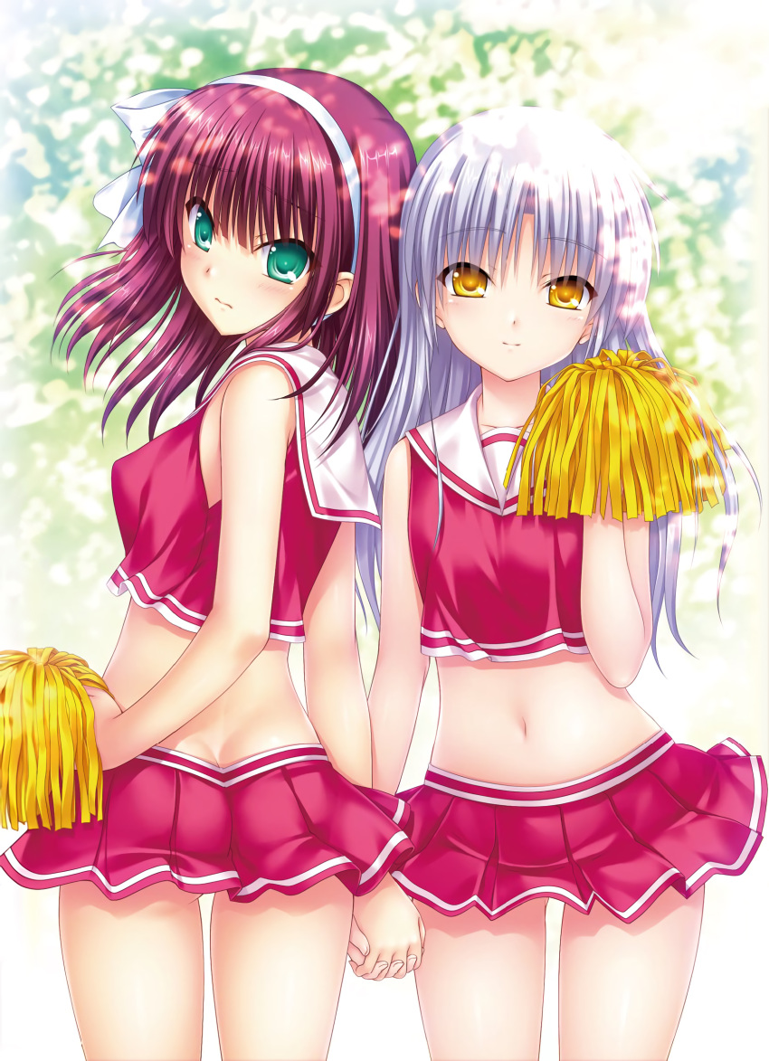 2girls absurdres angel angel_beats! aqua_eyes ass blush bow butt_crack cheerleader closed_mouth collarbone cowboy_shot crop_top hair_bow hairband highres holding_hands interlocked_fingers long_hair looking_at_viewer midriff miniskirt multiple_girls na-ga navel pleated_skirt pom_poms red_skirt redhead shiny shiny_hair silver_hair skirt smile standing stomach thigh_gap very_long_hair white_background white_bow white_hairband yellow_eyes yuri_(angel_beats!)