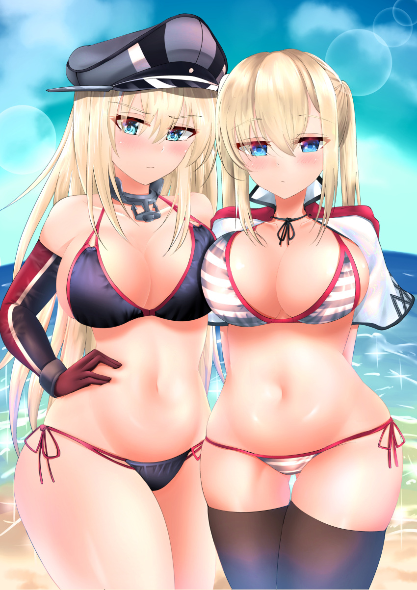 2girls absurdres balut-man beach bikini bismarck_(kantai_collection) black_bikini black_legwear blonde_hair blue_eyes blue_sky breasts brown_gloves capelet clouds collarbone commentary_request cowboy_shot day detached_sleeves gloves graf_zeppelin_(kantai_collection) hair_between_eyes hand_on_hip hat highres horizon kantai_collection large_breasts lens_flare long_hair looking_at_viewer military_hat multiple_girls navel ocean outdoors peaked_cap side-tie_bikini sidelocks sky sparkle striped striped_bikini swimsuit thigh-highs twintails