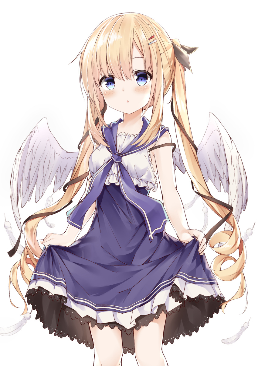 1girl :o absurdres bangs bare_shoulders blonde_hair blue_dress blue_eyes blue_sailor_collar blush brown_ribbon commentary_request dress eyebrows_visible_through_hair feathered_wings feathers frilled_shirt frills fuyuki030 grey_ribbon hair_between_eyes hair_ornament hair_ribbon hairclip highres long_hair looking_at_viewer original parted_lips ribbon sailor_collar sailor_dress shirt sidelocks simple_background skirt_hold sleeveless sleeveless_dress sleeveless_shirt solo twintails very_long_hair white_background white_feathers white_shirt white_wings wings