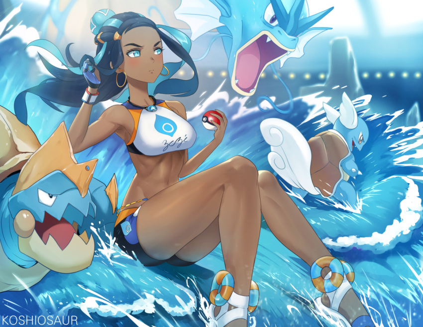 1girl artist_name ass bare_shoulders belly_chain black_hair blue_hair blush clothes_writing dark_skin drednaw earrings gloves gyarados gym_leader hair_bun holding holding_poke_ball hoop_earrings indoors jewelry koshio legs multicolored_hair navel necklace partly_fingerless_gloves poke_ball poke_ball_(generic) pokemon pokemon_(game) pokemon_swsh rurina_(pokemon) sandals short_shorts shorts single_glove sitting sportswear stadium surfing swimsuit tankini toned two-tone_hair wartortle water waving