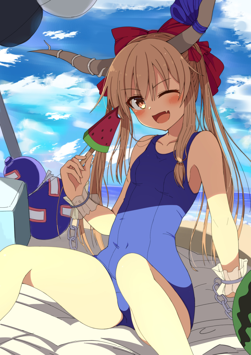 1girl ;d blue_sky bow brown_eyes brown_hair clouds commentary_request day fang food hair_bow highres horns ibuki_suika long_hair looking_at_viewer one-piece_swimsuit one_eye_closed open_mouth popsicle red_bow sitting sky smile solo swimsuit taki_sandstone touhou watermelon_bar