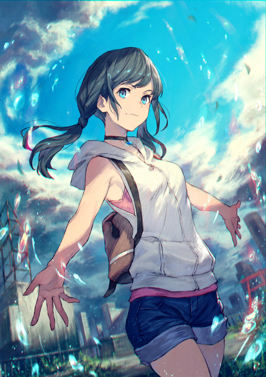 1girl backpack bag bangs bare_arms bare_shoulders black_choker black_hair blue_eyes blue_sky blurry blurry_background bra breasts building character_request choker city closed_mouth collarbone commentary_request cowboy_shot day denim denim_shorts depth_of_field gem highres hood hood_down hoodie kusano_shinta long_hair looking_at_viewer low_twintails outdoors pink_bra short_shorts shorts sky sleeveless sleeveless_hoodie small_breasts smile solo splashing tareme tenki_no_ko twintails underwear water_drop