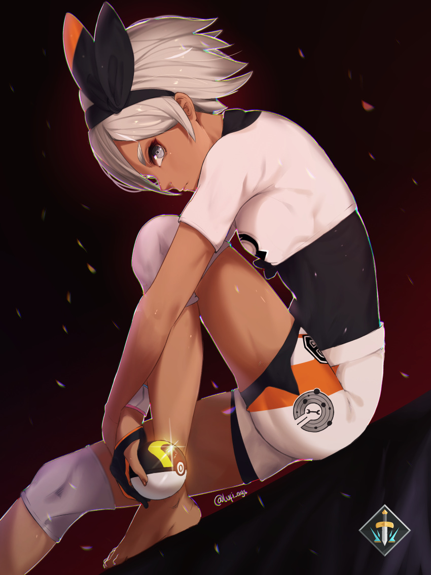 1girl absurdres artist_logo barefoot black_gloves bodysuit_under_clothes breasts crop_top dark_skin expressionless glint gloves grey_eyes gumihiko hairband highres knee_pads knee_to_chest looking_at_viewer medium_breasts orange_gloves poke_ball pokemon pokemon_(game) pokemon_swsh profile saitou_(pokemon) shirt short_hair short_shorts short_sleeves shorts silver_hair single_glove sitting solo thick_eyebrows thighs tied_shirt twitter_username two-tone_gloves ultra_ball wind wristband