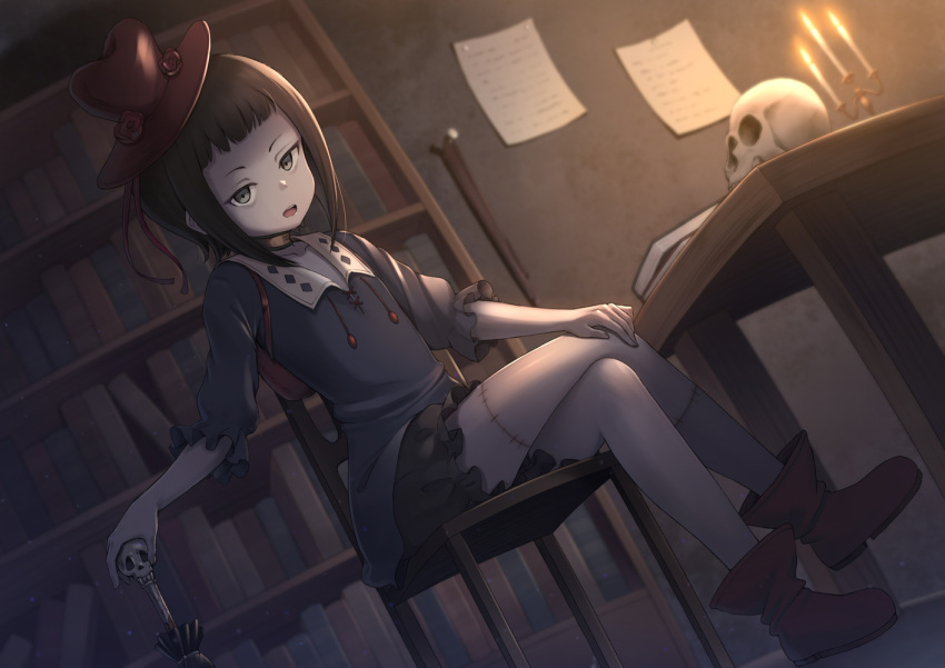 1girl black_bloomers bloomers blue_shirt book bookshelf boots brown_collar brown_footwear burning candelabra candle chair collarbone collared_shirt commentary_request dutch_angle fire flower hat hat_flower heijialan indoors on_chair puffy_short_sleeves puffy_sleeves red_flower red_headwear red_rose rita_(shingeki_no_bahamut:_genesis) rose shingeki_no_bahamut shingeki_no_bahamut:_genesis shingeki_no_bahamut:_virgin_soul shirt short_sleeves sitting skull solo stitches table tilted_headwear underwear