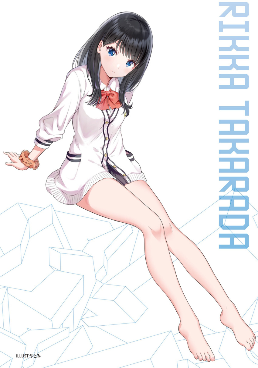 1girl artist_name bangs barefoot black_hair blue_eyes bow bowtie character_name closed_mouth collared_shirt eyebrows_visible_through_hair full_body grey_skirt highres invisible_chair long_hair long_sleeves miniskirt official_art orange_scrunchie pleated_skirt red_bow red_neckwear scrunchie shiny shiny_hair shirt simple_background sitting skirt solo ssss.gridman takarada_rikka white_background white_cardigan wing_collar wrist_scrunchie
