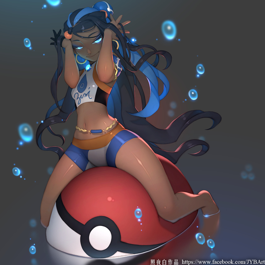 1girl barefoot belly_chain blue_eyes blue_hair breasts dark_skin earrings facebook_username gloves glowing glowing_eyes gym_leader hoop_earrings jewelry long_hair midriff multicolored_hair navel oversized_object partially_submerged poke_ball poke_ball_(generic) pokemon pokemon_(game) pokemon_swsh rurina_(pokemon) single_glove small_breasts solo straddling streaked_hair swimsuit tankini two-tone_hair very_long_hair water_drop watermark web_address wide_hips zhaoyebai