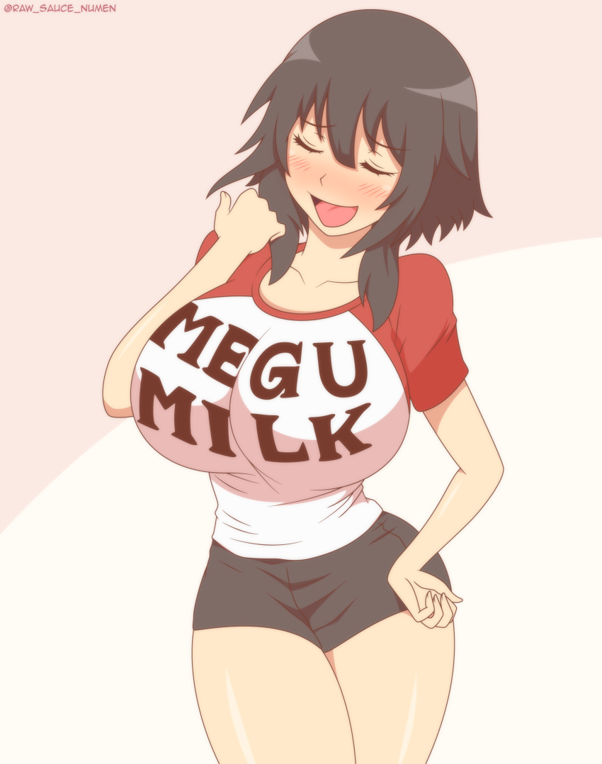 1girl absurdres alternate_breast_size black_shorts blush breasts brown_hair closed_eyes clothes_writing collarbone commentary cowboy_shot hand_on_hip highres kono_subarashii_sekai_ni_shukufuku_wo! large_breasts mega_milk megumin numen parody short_hair_with_long_locks short_sleeves shorts solo standing twitter_username