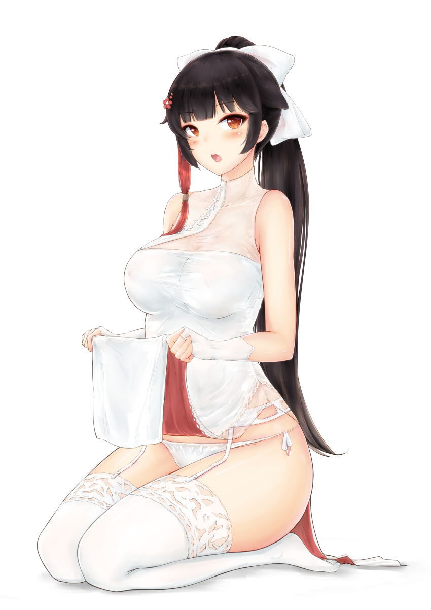 1girl absurdres alternate_costume azur_lane black_hair blush bow breasts covered_nipples dress eyebrows_visible_through_hair fingerless_gloves flower full_body garter_belt garter_straps gloves hair_bow hair_flower hair_ornament highres lace lace-trimmed_legwear large_breasts long_hair looking_at_viewer open_mouth panties pelvic_curtain ponytail realman red_eyes seiza side-tie_panties simple_background sitting sleeveless solo straight_hair takao_(azur_lane) takao_(spring_learning)_(azur_lane) tassel thigh-highs thighs underwear white_background white_dress white_gloves white_legwear white_panties