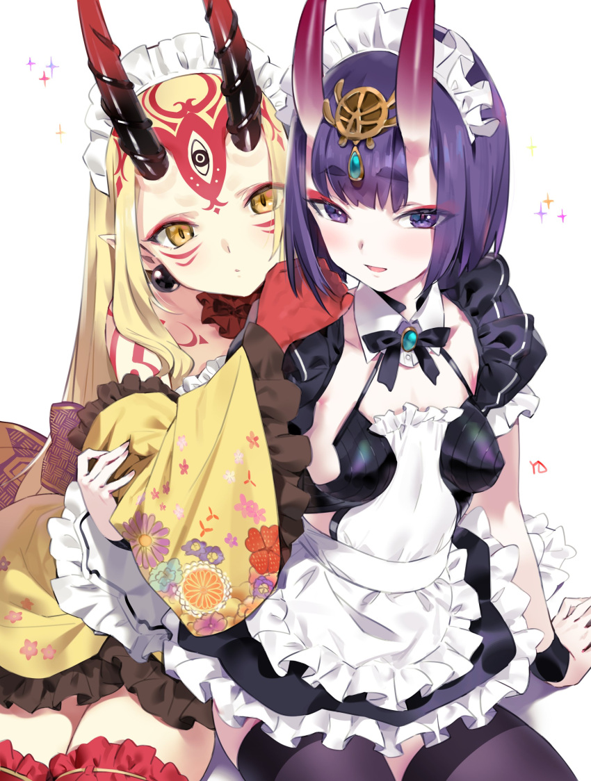 2girls absurdres alternate_costume apron bangs black_dress black_legwear blonde_hair blush bob_cut breasts brooch closed_mouth detached_collar detached_sleeves dress earrings enmaided eyeliner facial_mark fate/grand_order fate_(series) floral_print forehead_mark frills headpiece highres horns ibaraki_douji_(fate/grand_order) jewelry long_hair looking_at_viewer maid maid_headdress makeup multiple_girls oni oni_horns open_mouth puffy_short_sleeves puffy_sleeves purple_hair short_eyebrows short_hair short_sleeves shuten_douji_(fate/grand_order) simple_background small_breasts smile sparkle thigh-highs thighs violet_eyes waist_apron white_apron white_background wide_sleeves wrist_cuffs yang-do yellow_dress yellow_eyes