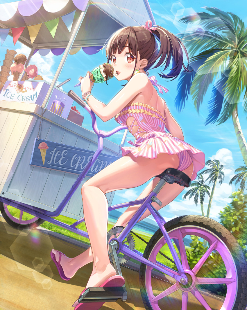 1girl ass back bare_arms bare_legs bare_shoulders beach bicycle blue_sky bracelet breasts brown_hair cart clouds cloudy_sky commentary_request day earrings eating food ground_vehicle hair_ribbon highres holding holding_food ice_cream idolmaster idolmaster_shiny_colors jewelry joey_koguma lens_flare long_hair looking_at_viewer looking_back medium_breasts ocean one-piece_swimsuit open_mouth outdoors palm_tree pink_ribbon pink_swimsuit ponytail red_eyes ribbon sidelocks sign sky slippers solo sonoda_chiyoko striped sunlight swimsuit thighs tree