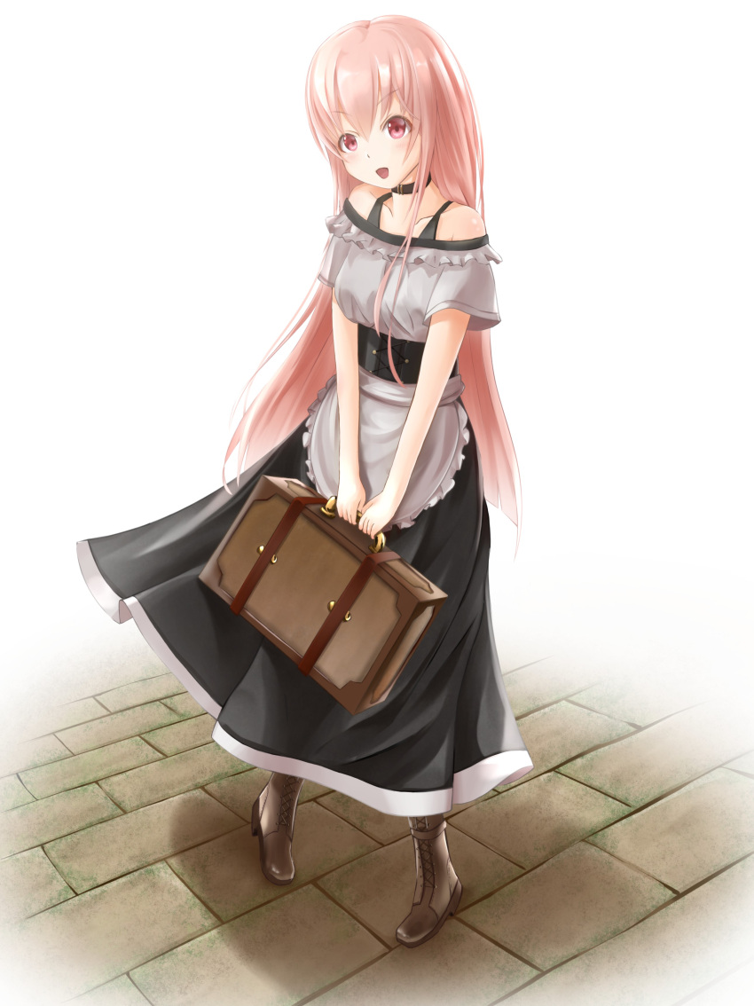 1girl absurdres boots collar collarbone highres long_hair luggage maid original pink_eyes pink_hair pink_theme user_gzzt7583