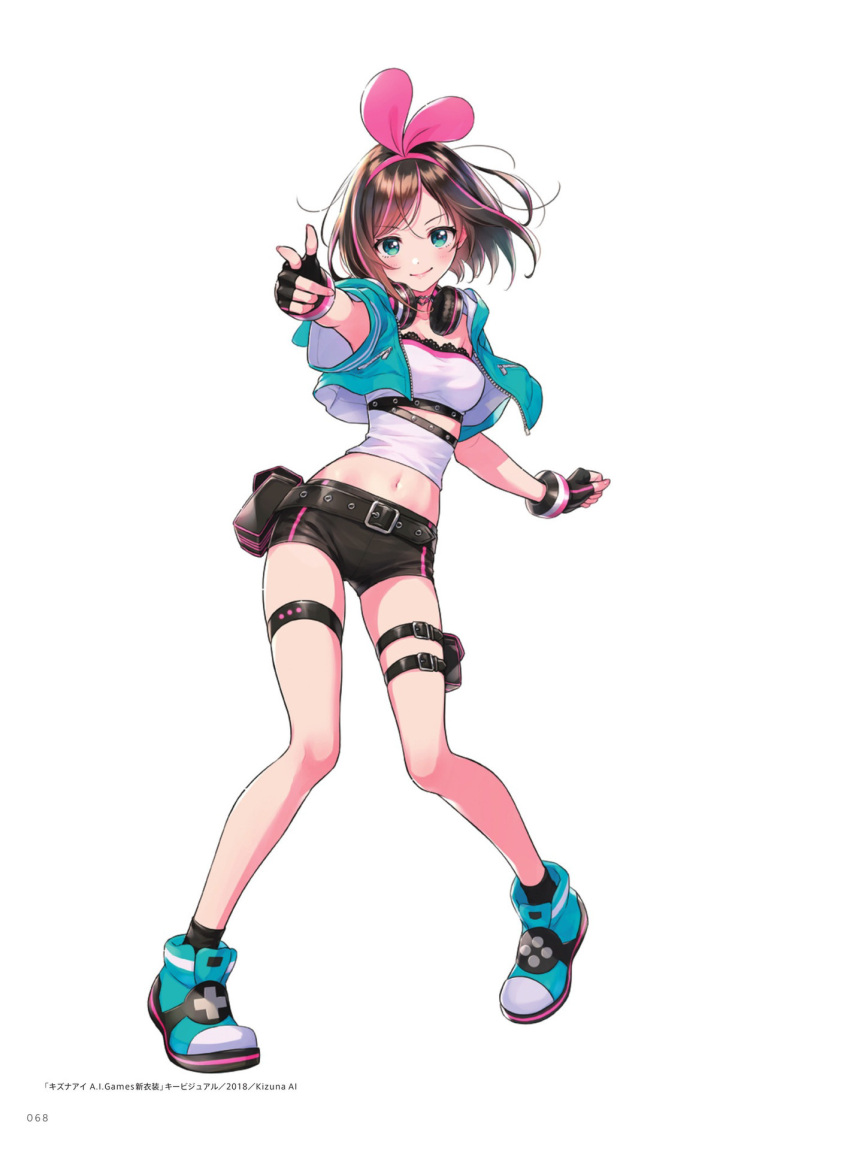 1girl a.i._channel aqua_eyes bangs belt belt_pouch black_gloves black_legwear black_shorts bow breasts brown_hair clenched_hand closed_mouth cropped_jacket eyebrows_visible_through_hair fingerless_gloves fingernails gloves green_eyes hair_ribbon hairband hand_up headphones headphones_around_neck highres jacket kizuna_ai leg_belt lips looking_at_viewer midriff morikura_en multicolored_hair navel official_art page_number pink_hair pink_hairband pointing pointing_at_viewer pouch ribbon shiny shiny_hair shoes short_hair shorts simple_background smile socks solo standing stomach strapless thigh_strap tubetop virtual_youtuber zipper zipper_pull_tab