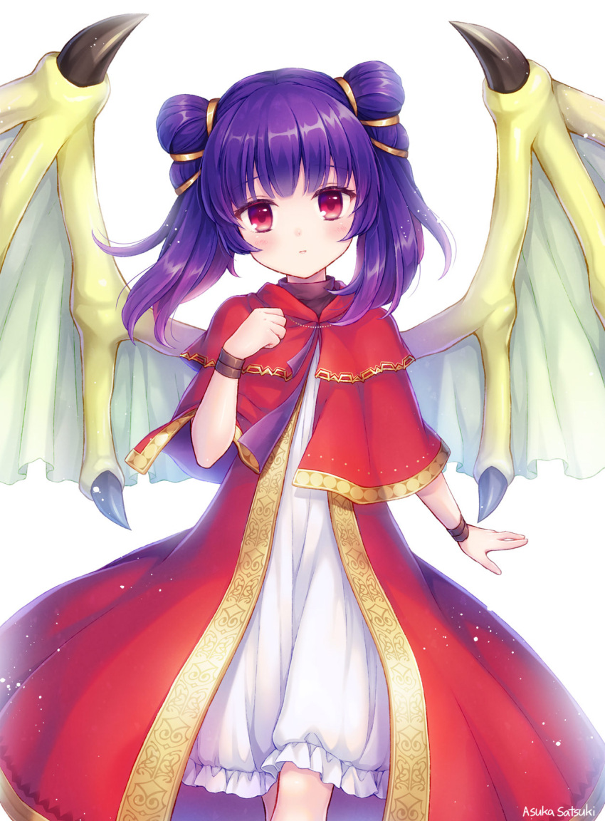 1girl artist_name cannan closed_mouth dragon_wings dress fire_emblem fire_emblem:_the_sacred_stones highres mamkute multi-tied_hair myrrh purple_hair red_eyes simple_background solo twintails white_background wings