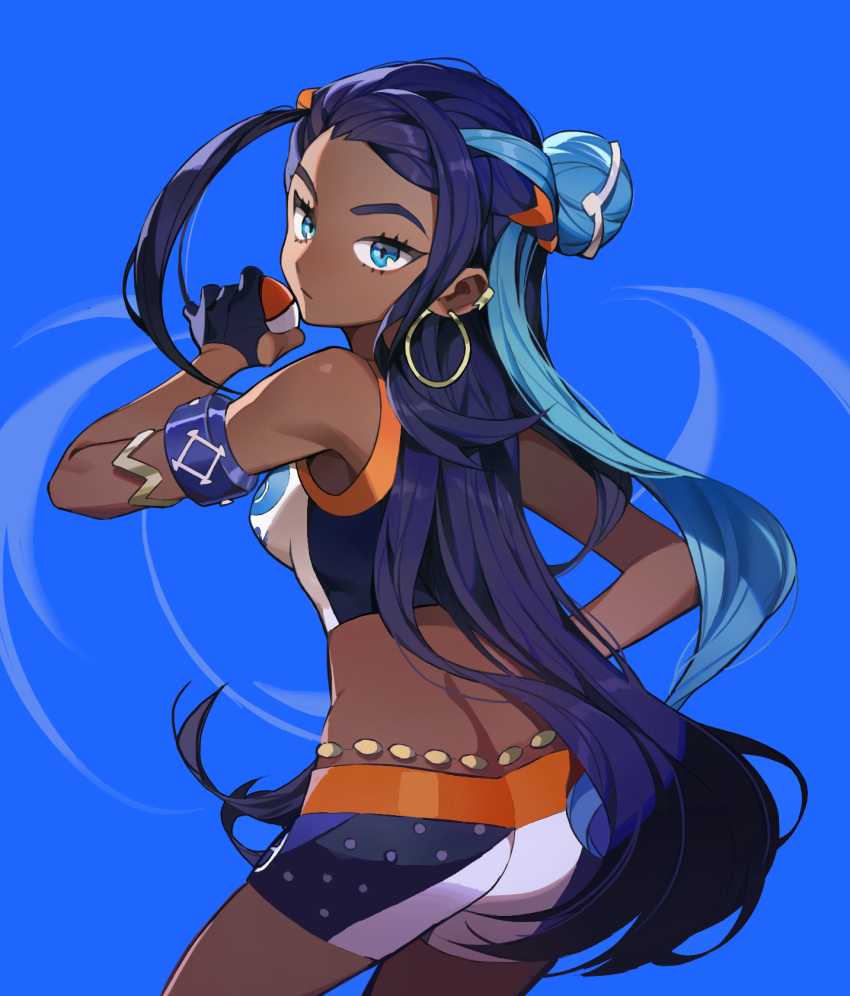1girl armband armlet ass bare_shoulders belly_chain black_hair blue_background blue_hair dark_skin dongtull ear_piercing earrings from_behind gloves gym_leader hair_bun hair_ornament highres holding holding_poke_ball hoop_earrings jewelry long_hair looking_at_viewer looking_back multicolored_hair necklace partly_fingerless_gloves piercing poke_ball poke_ball_(generic) pokemon pokemon_(game) pokemon_swsh rurina_(pokemon) single_glove solo sportswear swimsuit tankini two-tone_hair very_long_hair