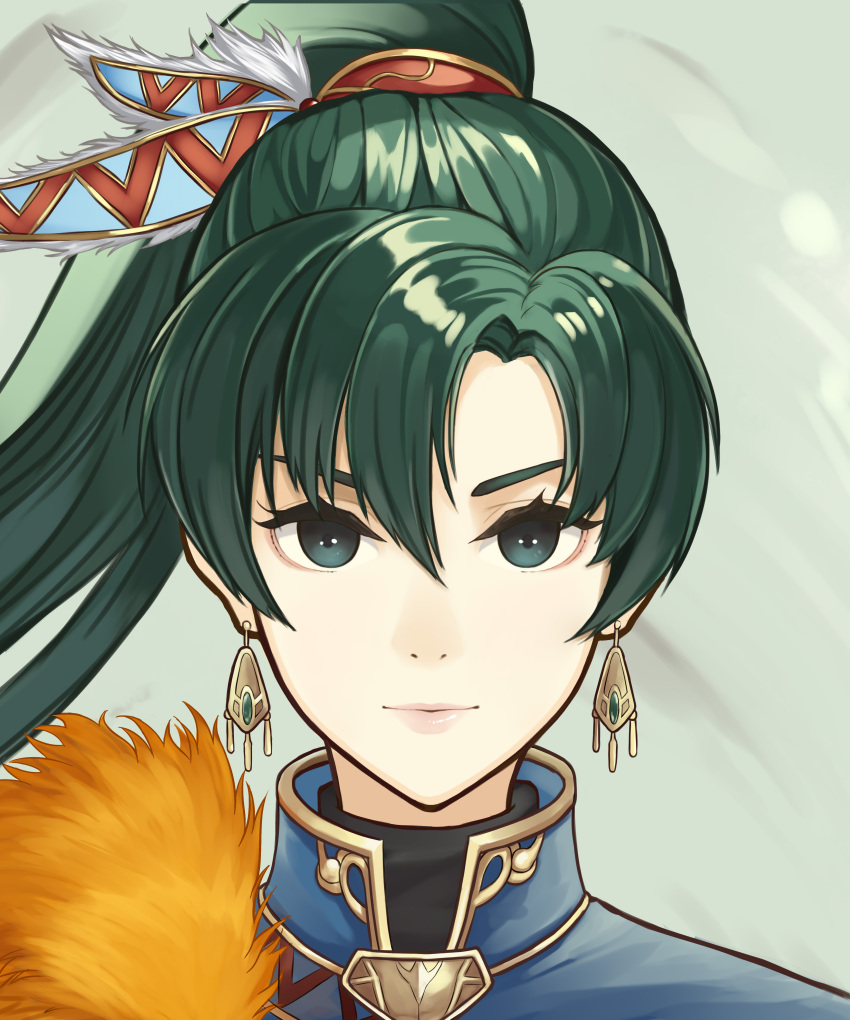 1girl absurdres black_eyes closed_mouth dakkalot earrings fire_emblem fire_emblem:_the_blazing_blade floating_hair green_hair hair_between_eyes hair_ornament high_ponytail highres jewelry long_hair looking_at_viewer lyn_(fire_emblem) portrait smile solo