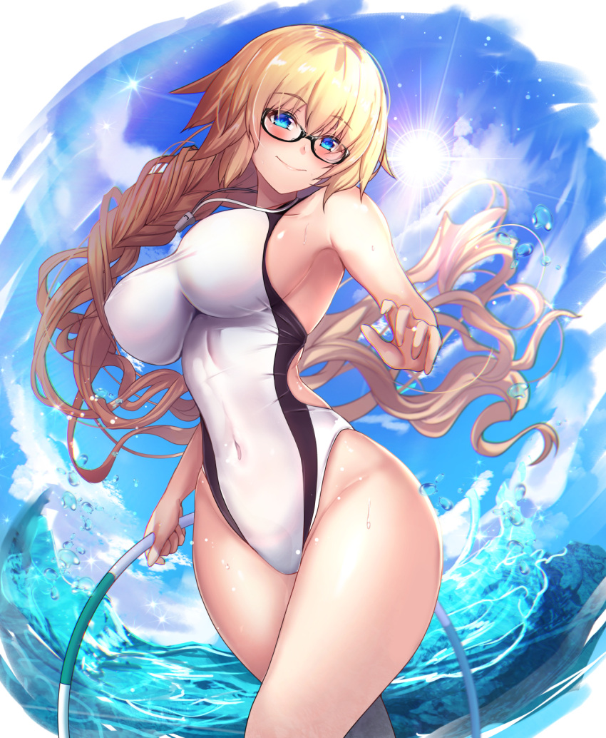 1girl bangs blonde_hair blue_eyes blue_sky blush braid breasts clouds competition_swimsuit covered_navel day eyebrows_visible_through_hair fate/grand_order fate_(series) glasses hair_between_eyes hairband hand_up highres holding hoop hula_hoop impossible_clothes impossible_swimsuit jeanne_d'arc_(fate)_(all) jeanne_d'arc_(swimsuit_archer) large_breasts long_hair looking_at_viewer one-piece_swimsuit outdoors sidelocks single_braid sky smile solo splashing swimsuit taut_clothes taut_swimsuit untsue very_long_hair wading whistle whistle_around_neck white_swimsuit