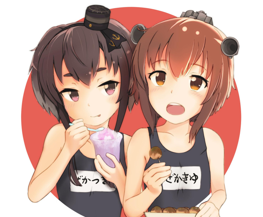 2girls :p anchor_symbol black_hair brown_eyes brown_hair clothes_writing commentary_request flat_chest food highres kantai_collection multiple_girls open_mouth school_swimsuit shaved_ice shiki_no_miko short_hair short_hair_with_long_locks swimsuit takoyaki tokitsukaze_(kantai_collection) tongue tongue_out upper_body yukikaze_(kantai_collection)