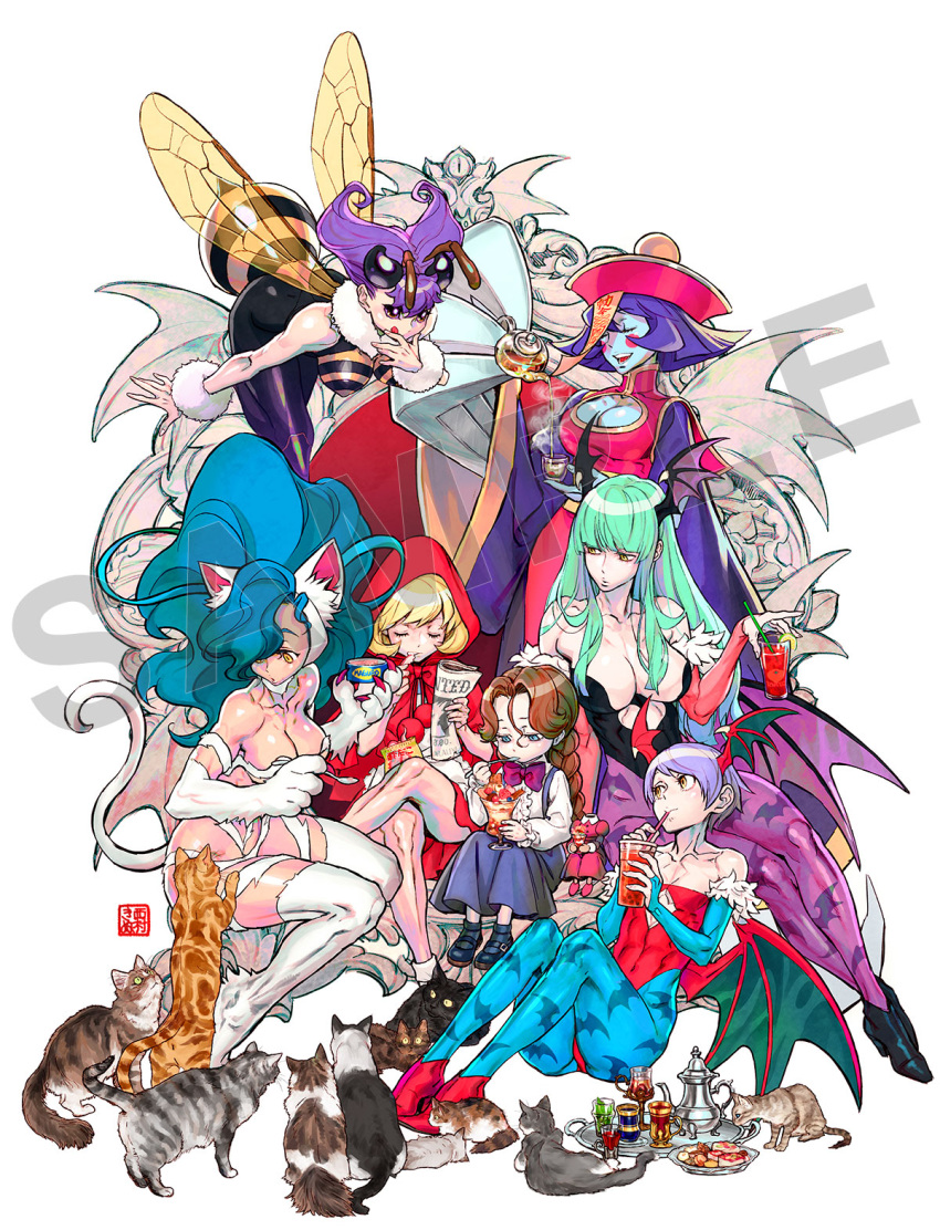 animal_ears animal_print anita_(vampire) bat_print bat_wings big_hair blonde_hair blue_eyes blue_hair blue_skin bulleta cat cat_ears cat_tail claws demon_girl felicia green_hair highres hime_cut insect_girl jiangshi lei_lei lilith_aensland long_hair morrigan_aensland nishimura_kinu official_art purple_hair q-bee sample short_hair succubus tail tea tea_set vampire_(game) white_background wings yellow_eyes