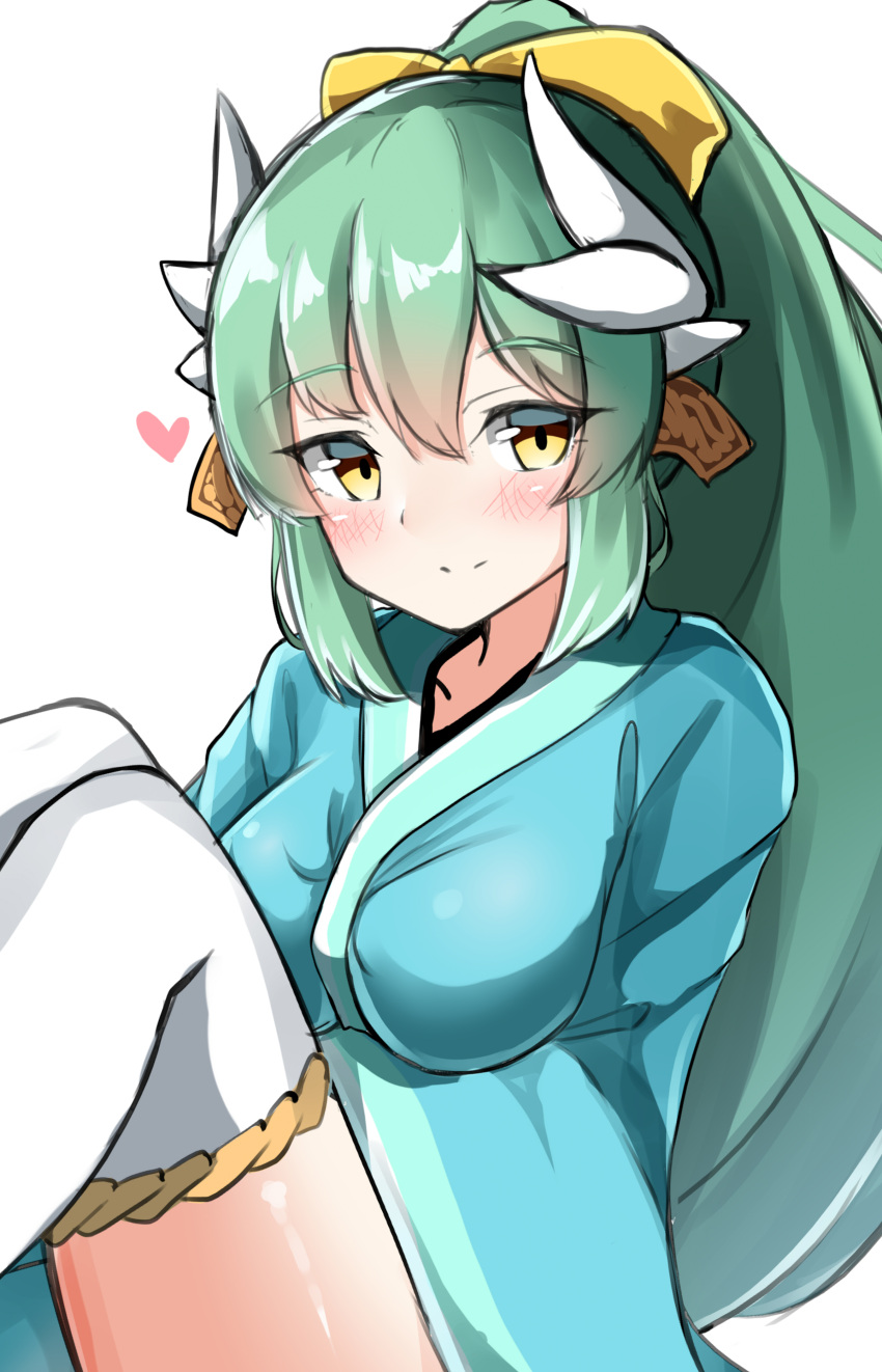 1girl absurdres bangs blue_kimono blush bow breasts closed_mouth dragon_horns eyebrows_visible_through_hair fate/grand_order fate_(series) green_hair hair_between_eyes hair_bow heart high_ponytail highres horns japanese_clothes kimono kiyohime_(fate/grand_order) knees_up long_hair looking_at_viewer medium_breasts moyoron ponytail sidelocks simple_background sitting smile solo thigh-highs very_long_hair white_background white_legwear yellow_bow yellow_eyes