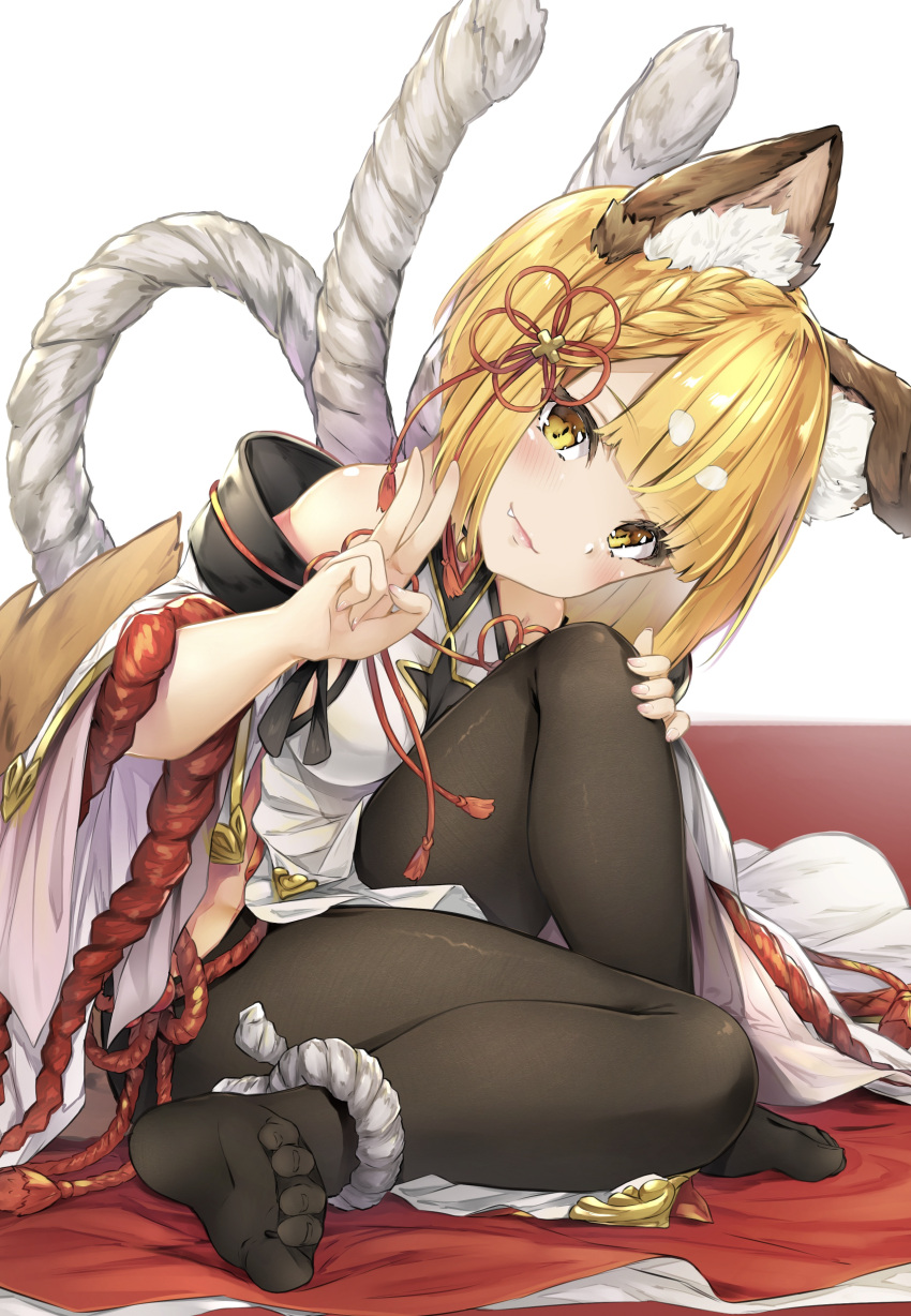 1girl absurdres animal_ear_fluff animal_ears bangs bare_shoulders black_legwear blonde_hair blunt_bangs blush braid breasts detached_sleeves dog_ears erune eyebrows_visible_through_hair fang granblue_fantasy hair_ornament highres hyouta_(yoneya) japanese_clothes katana looking_at_viewer medium_breasts open_mouth pantyhose short_hair sitting smile solo sword tail v vajra_(granblue_fantasy) weapon white_background