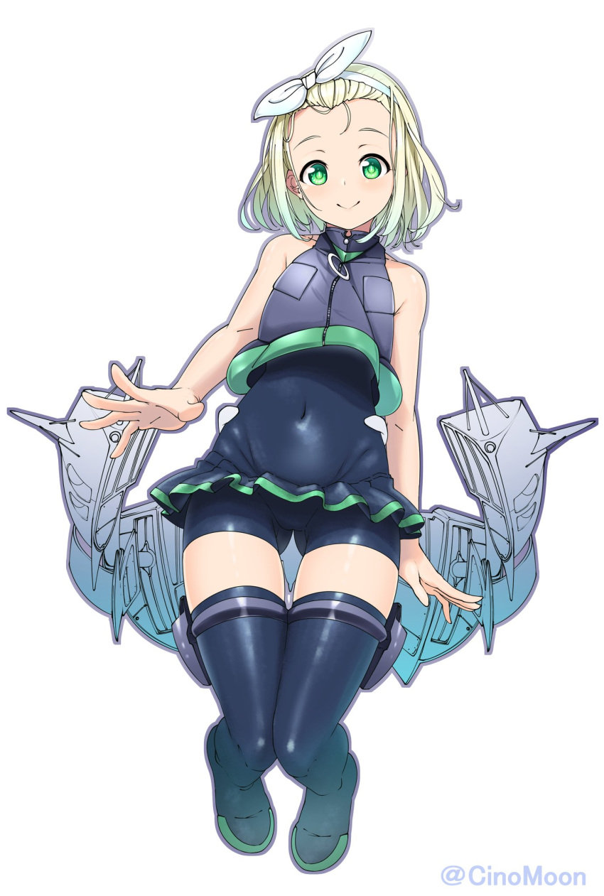 1girl ass_visible_through_thighs blonde_hair boots covered_navel flat_chest green_eyes hairband highres kantai_collection looking_at_viewer luigi_torelli_(kantai_collection) machinery short_hair simple_background sleeveless smile solo tatsu_shinomu thigh-highs thigh_boots twitter_username wetsuit white_background white_hairband
