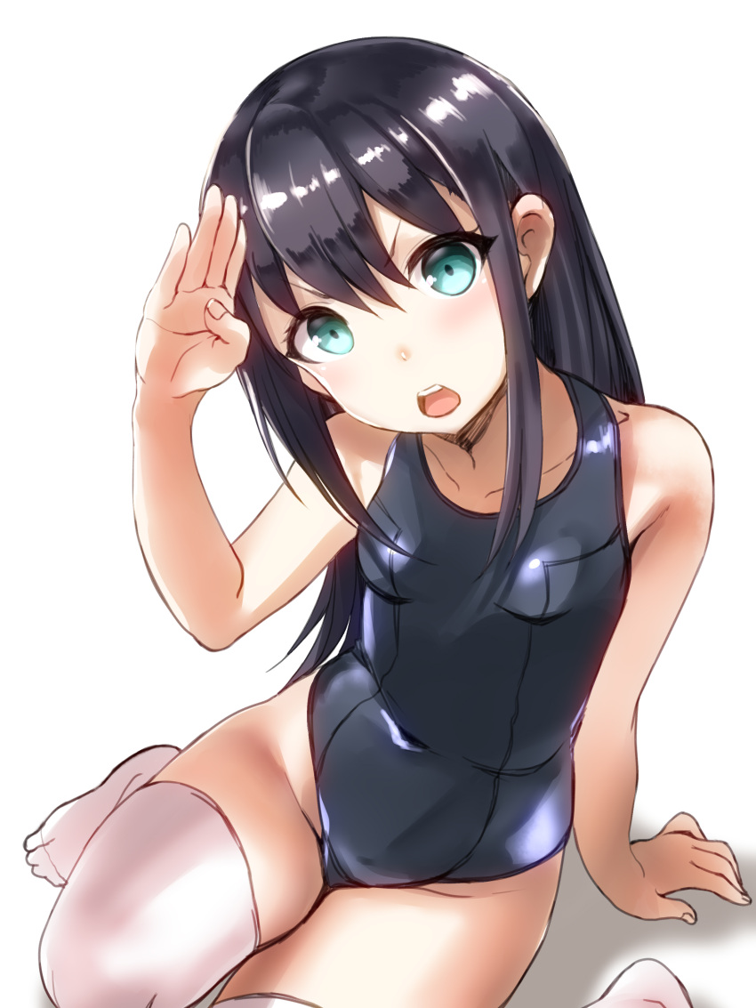 1girl absurdres alternate_costume alternate_legwear arm_support asashio_(kantai_collection) black_hair blue_eyes blue_swimsuit blush breasts collarbone covered_navel eureka_(eureka-0075) eyebrows_visible_through_hair hair_between_eyes highres kantai_collection long_hair looking_at_viewer old_school_swimsuit one-piece_swimsuit open_mouth salute school_swimsuit shadow simple_background sitting small_breasts solo swimsuit teeth thigh-highs white_background white_legwear
