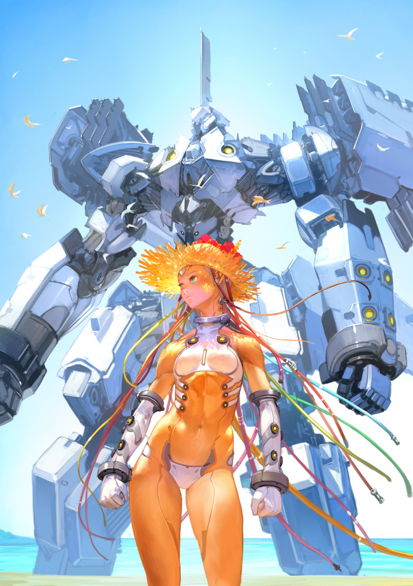 1girl absurdres android aqua_eyes artist_name bird bodysuit breasts cable clenched_hands collar cover covered_navel crotch_plate flower from_below gloves green_eyes hat hat_flower highres horizon looking_afar looking_to_the_side machinery mecha navel ocean original science_fiction serious short_hair silver_hair sky small_breasts solo standing straw_hat takayama_toshiaki very_short_hair water white_gloves