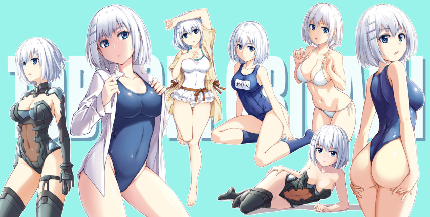 1girl arm_up bikini blue_eyes blue_swimsuit casual_one-piece_swimsuit contrapposto covered_navel cowboy_shot date_a_live fish.boy hair_ornament hairclip halterneck highres leotard lying multiple_views navel on_side one-piece_swimsuit school_swimsuit see-through short_hair side-tie_bikini sitting swimsuit thigh-highs tobiichi_origami white_bikini white_hair white_swimsuit yokozuwari