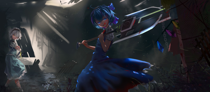 3girls :q ahoge alternate_eye_color ascot bangs bat black_hairband blade blonde_hair blood blood_on_face blue_bow blue_dress blue_eyes blue_hair bow chain chained chinese_commentary cirno commentary_request crossed_arms crystal dress execution eyebrows_visible_through_hair feet_out_of_frame flandre_scarlet green_skirt green_vest hair_between_eyes hair_bow hairband head_tilt highres holding holding_weapon indoors katana konpaku_youmu light_particles multiple_girls one_side_up petticoat pinafore_dress puffy_short_sleeves puffy_sleeves red_neckwear red_skirt shirt short_hair short_sleeves silver_hair skirt skirt_set soaking_feet socks standing sword tongue tongue_out touhou v-shaped_eyebrows vest water weapon white_legwear white_shirt wings yellow_eyes yinkun
