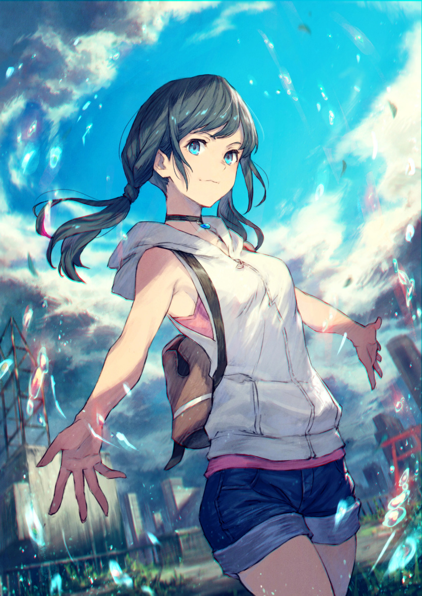 1girl amano_hina_(tenki_no_ko) backpack bag bangs bare_arms bare_shoulders black_choker black_hair blue_eyes blue_sky blurry blurry_background bra breasts building choker city closed_mouth collarbone commentary_request cowboy_shot day denim denim_shorts depth_of_field gem highres hood hood_down hoodie kusano_shinta long_hair looking_at_viewer low_twintails outdoors pink_bra short_shorts shorts sky sleeveless sleeveless_hoodie small_breasts smile solo splashing tareme tenki_no_ko twintails underwear water_drop