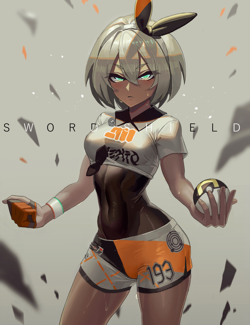 1girl absurdres bangs black_bow black_hairband bodysuit_under_clothes bow breasts clenched_hand closed_mouth collared_shirt contrapposto covered_navel cowboy_shot dark_skin eit_(ikeuchi) english_text eyebrows_visible_through_hair gloves green_eyes grey_background grey_hair grey_shirt grey_shorts hair_between_eyes hairband half-closed_eyes half_gloves highres holding holding_poke_ball legs_apart looking_at_viewer number partly_fingerless_gloves poke_ball pokemon pokemon_(game) pokemon_swsh saitou_(pokemon) shirt short_hair short_sleeves shorts single_glove small_breasts solo standing sweat tied_shirt ultra_ball v-shaped_eyebrows wristband