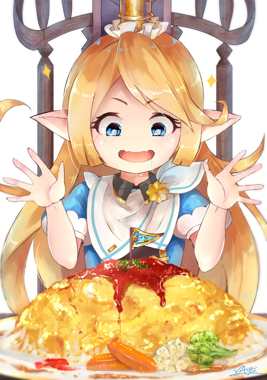 1girl :d absurdres blonde_hair blue_eyes blush broccoli carrot chair charlotta_fenia commentary_request crown drooling eyebrows_visible_through_hair fang food granblue_fantasy harvin highres hiyashi_mikan mini_flag omurice open_mouth pointy_ears puffy_short_sleeves puffy_sleeves short_sleeves signature sitting smile solo sparkle v-shaped_eyebrows white_background