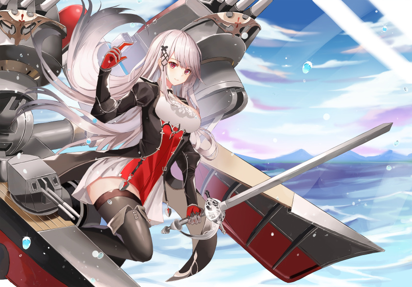 1girl absurdres azur_lane bangs black_footwear black_legwear boots breasts commentary cup6542 day detached_collar dunkerque_(azur_lane) eyebrows_visible_through_hair gloves highres holding holding_sword holding_weapon long_sleeves looking_at_viewer ocean outdoors red_eyes red_gloves rigging sidelocks solo sword thigh-highs thigh_boots walking walking_on_liquid water water_drop weapon white_hair