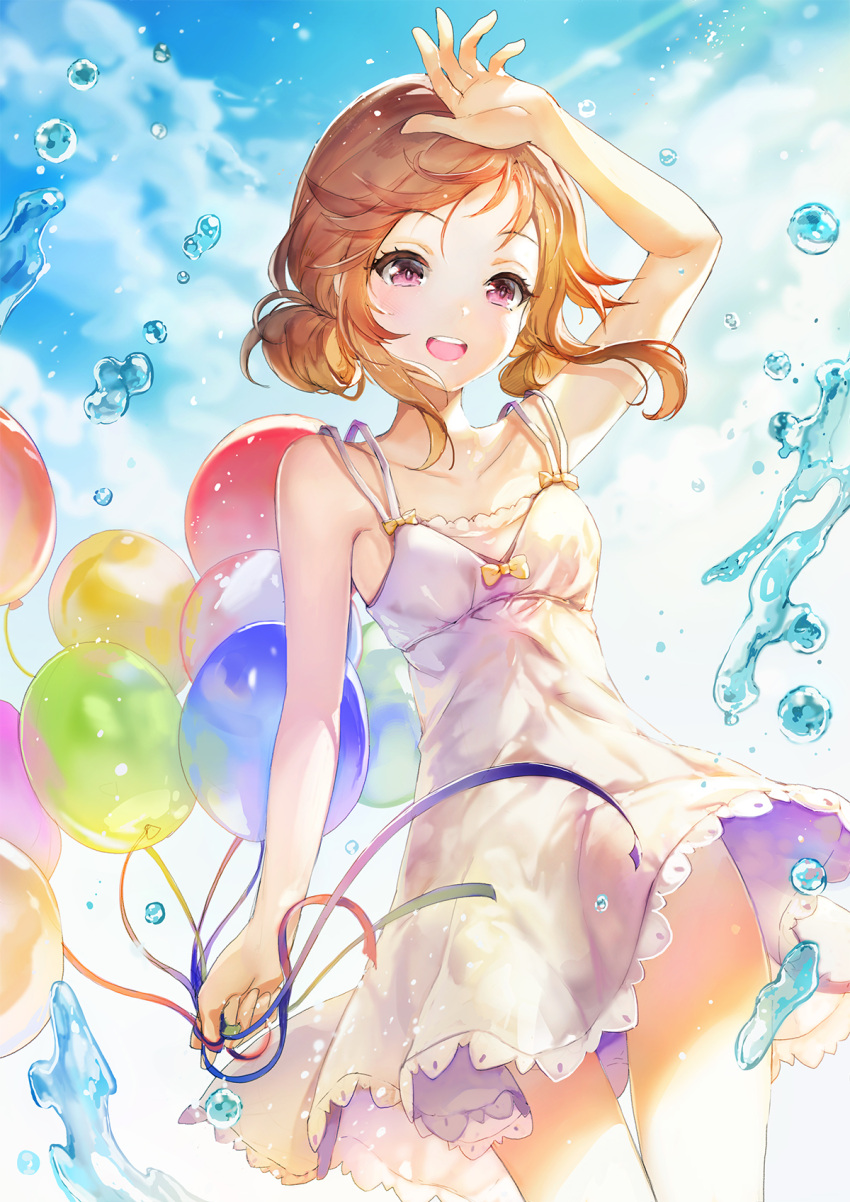 1girl :d blue_ribbon blue_sky bow breasts brown_hair clouds collarbone cowboy_shot day dress floating_hair green_ribbon highres holding_balloon medium_hair open_mouth original outdoors red_eyes red_ribbon ribbon short_dress sibyl sky sleeveless sleeveless_dress small_breasts smile solo standing sundress sunlight tied_hair white_dress yellow_bow
