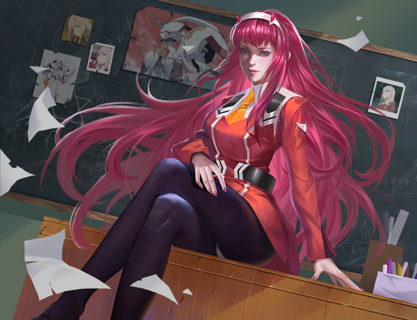 1girl absurdres bangs belt breasts chalk chalkboard crossed_legs darling_in_the_franxx desk eyeshadow flying_paper hair_lift hairband highres horns junqi_mu long_hair makeup medium_breasts military military_uniform nail_polish oni_horns orange_neckwear pantyhose paper photo_(object) pink_hair poster red_horns ruler sitting straight_hair uniform very_long_hair white_hairband zero_two_(darling_in_the_franxx)