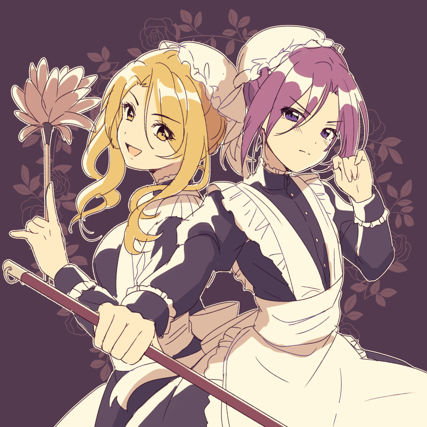 2girls :d absurdres alternate_costume apron black_dress blonde_hair brown_eyes christina_morgan dress duster enmaided fingernails floral_background frilled_apron frills hat head_tilt highres holding holding_duster ichiren_namiro juliet_sleeves long_hair long_sleeves maid mob_cap multiple_girls open_mouth princess_connect! princess_connect!_re:dive puffy_sleeves purple_background purple_hair shirogane_jun sidelocks smile violet_eyes white_apron white_headwear