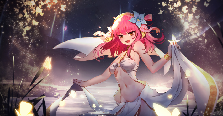 1girl :d absurdres bangs blue_flower bracelet breasts brown_eyes eyebrows_visible_through_hair floating_hair flower groin hair_flower hair_ornament highres jewelry long_hair magi_the_labyrinth_of_magic medium_breasts moonofmonster morgiana navel night night_sky open_mouth outdoors pink_hair sky sleeveless smile solo standing star_(sky) starry_sky under_boob veil wading