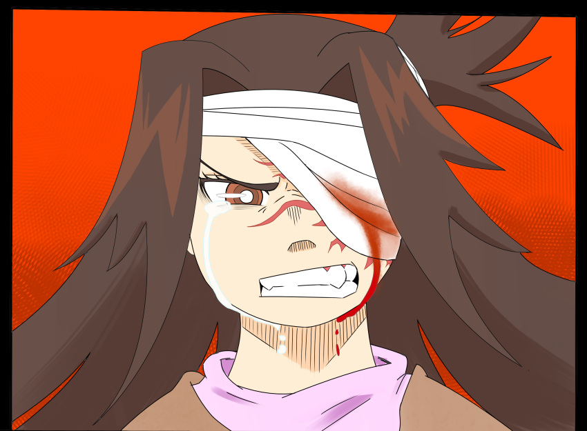 1girl bandage_over_one_eye blood bloody_tears brown_eyes brown_hair buddy_(lisa) crying crying_with_eyes_open highres indioweeaboo lisa_the_joyful lisa_the_painful poncho scar tears teeth