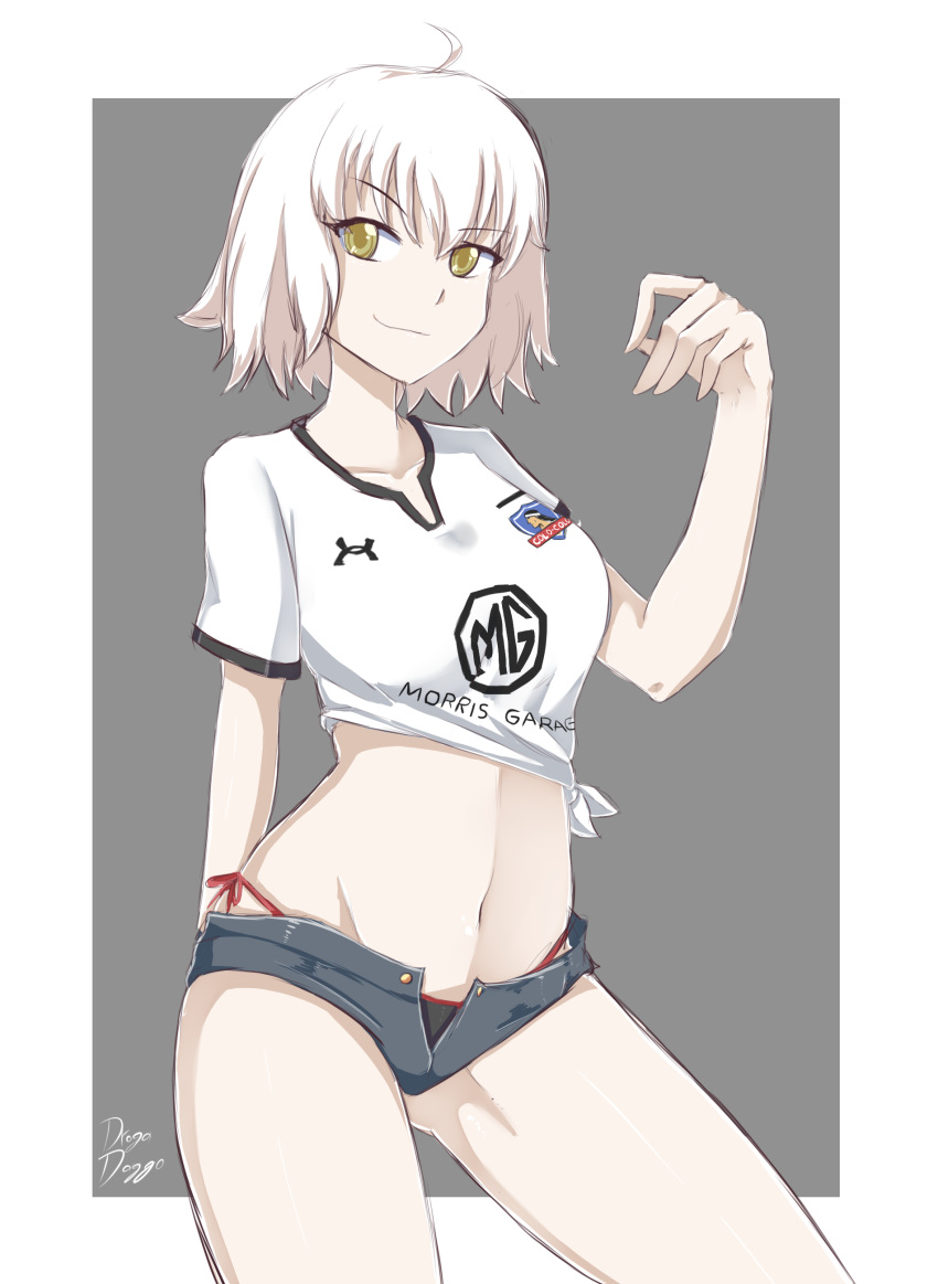 1girl absurdres ahoge alternate_costume artist_name ass_visible_through_thighs bangs bikini bikini_under_clothes black_bikini blue_shorts breasts collarbone contrapposto cowboy_shot drogodoggo eyebrows_visible_through_hair fate/grand_order fate_(series) highres jeanne_d'arc_(alter)_(fate) jeanne_d'arc_(fate)_(all) looking_at_viewer medium_breasts micro_shorts midriff navel open_clothes open_shorts shirt short_hair short_sleeves shorts side-tie_bikini solo swimsuit t-shirt tied_shirt white_hair yellow_eyes