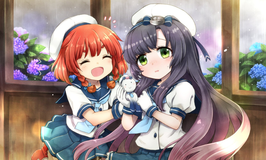 2girls bangs beret blue_neckwear blue_ribbon blue_skirt blush bob_cut braid closed_eyes etorofu_(kantai_collection) eyebrows_visible_through_hair flower freckles gradient_hair green_eyes hat highres holding hydrangea kantai_collection leaf long_hair matsuwa_(kantai_collection) mizumoto_tadashi multicolored_hair multiple_girls neckerchief open_mouth pleated_skirt purple_hair rain redhead ribbon sailor_collar sailor_hat school_uniform serafuku short_hair skirt sweat teruterubouzu thick_eyebrows twin_braids white_headwear window