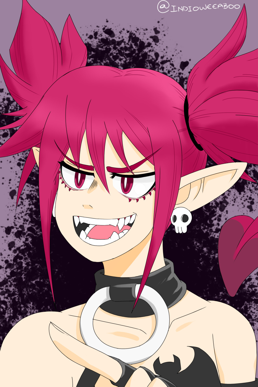 1girl absurdres bare_shoulders collar collarbone demon_girl demon_tail disgaea earrings etna eyebrows_visible_through_hair highres indioweeaboo jewelry makai_senki_disgaea open_mouth pointing pointy_ears red_eyes redhead sharp_teeth smile tail teeth twintails