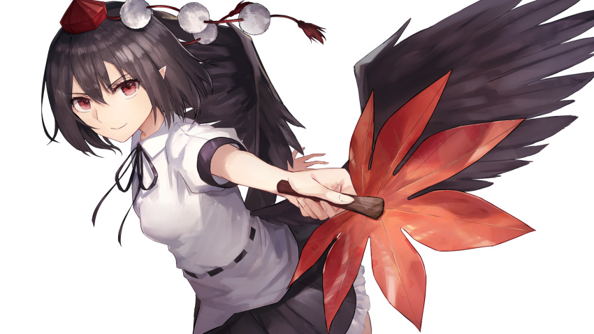 &gt;:) 1girl bangs black_hair black_neckwear black_ribbon black_skirt black_wings breasts commentary_request eyebrows_visible_through_hair fan feathered_wings hair_between_eyes hat highres holding holding_fan leaf_fan looking_at_viewer medium_breasts miniskirt neck_ribbon petticoat pointy_ears pom_pom_(clothes) puffy_short_sleeves puffy_sleeves red_eyes ribbon shameimaru_aya shirt short_hair short_sleeves sidelocks simple_background skirt smile solo tassel thkani tokin_hat touhou upper_body v-shaped_eyebrows white_background white_shirt wings