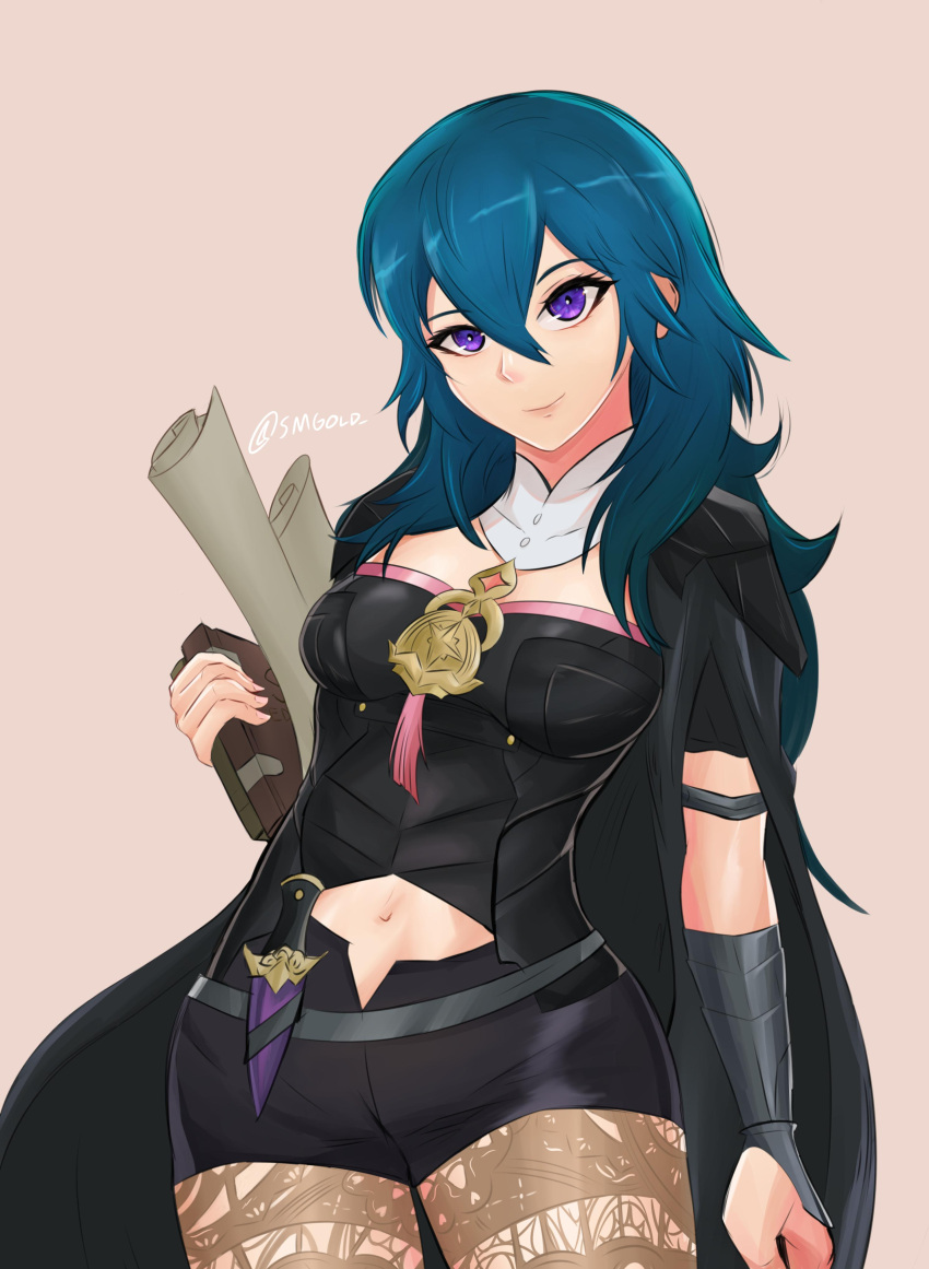 1girl absurdres black_cape blue_eyes blue_hair book byleth byleth_(female) byleth_eisner_(female) cape closed_mouth fire_emblem fire_emblem:_three_houses fire_emblem:_three_houses fire_emblem_16 fire_emblem_heroes highres holding holding_book intelligent_systems knife long_hair navel navel_cutout nintendo sheath sheathed simple_background smgold smile solo super_smash_bros. super_smash_bros._ultimate super_smash_bros_brawl twitter_username