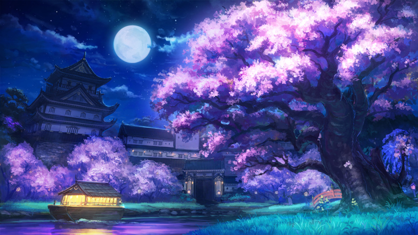 architecture boat bridge building castle cherry_blossoms clouds cloudy_sky commentary_request east_asian_architecture full_moon grass moon night night_sky no_humans official_art outdoors river scenery shiki_makoto sky star_(sky) starry_sky tree urashimasakatasen water watercraft