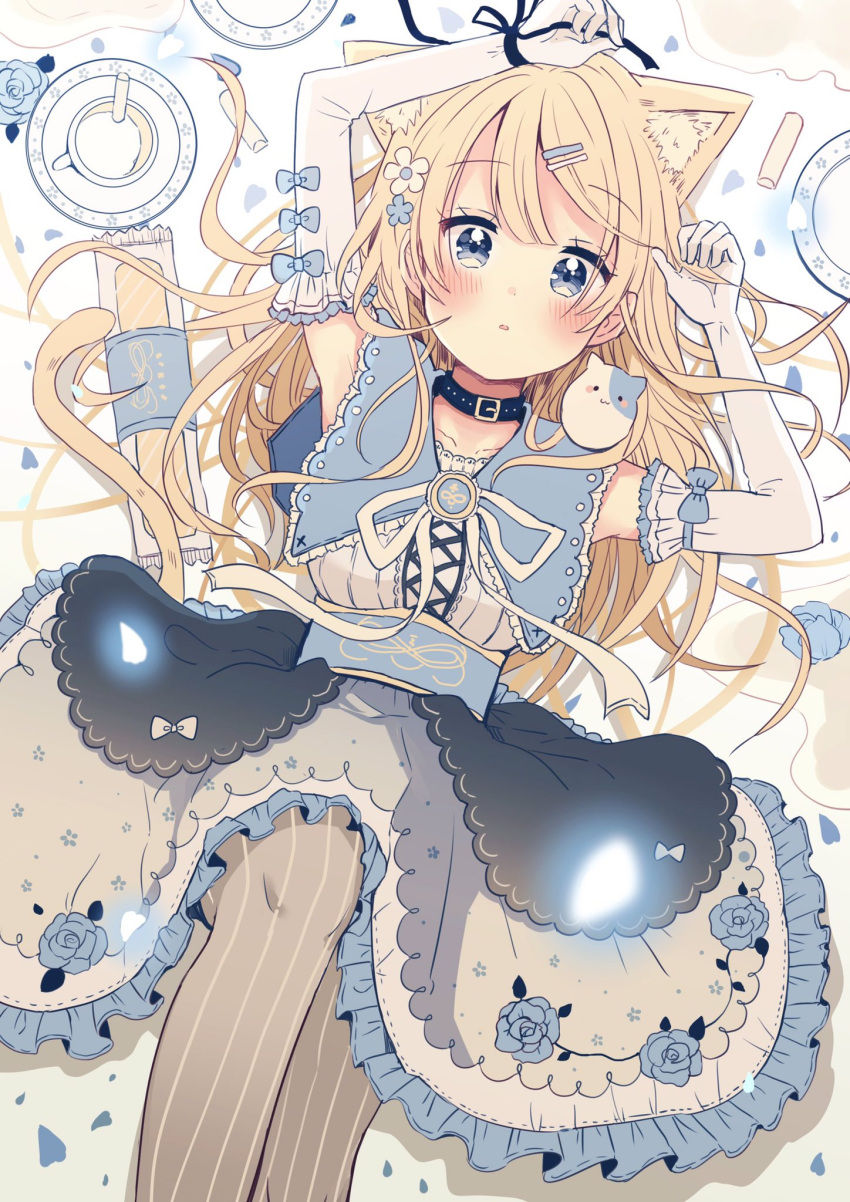 1girl animal animal_ear_fluff animal_ears arms_up black_ribbon blonde_hair blue_bow blue_capelet blue_eyes blue_flower blue_rose blush bow breasts brown_legwear capelet cat cat_ears cat_girl cat_tail collarbone commentary_request dress elbow_gloves flower food frilled_dress frills gloves hair_flower hair_ornament hairclip highres long_hair looking_at_viewer lying medium_breasts on_back original pantyhose parted_lips plate ribbon rose sakura_oriko solo striped striped_legwear tail vertical-striped_legwear vertical_stripes very_long_hair white_dress white_flower white_gloves wrist_ribbon
