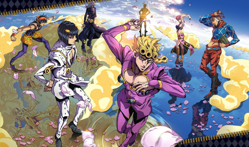 1girl 6+boys animal aora black_hair blonde_hair boots braid bruno_buccellati clouds coco_jumbo giorno_giovanna guido_mista gun handgun hat highres holding holding_animal jojo_no_kimyou_na_bouken leone_abbacchio midriff multiple_boys narancia_ghirga pannacotta_fugo petals pink_hair pose revolver signature sleeveless sun trish_una turtle vento_aureo weapon zipper zipper_pull_tab