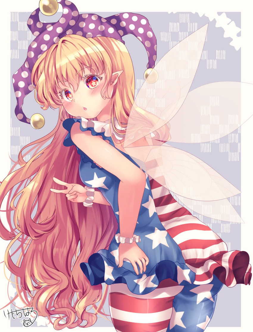 1girl :o american_flag_dress american_flag_legwear ass bangs bare_arms bare_shoulders blonde_hair blue_dress blue_legwear blush border clownpiece commentary_request dress eyebrows_visible_through_hair fairy_wings from_behind grey_background hair_between_eyes hat highres jester_cap kemo_chiharu long_hair looking_at_viewer looking_back neck_ruff outside_border pantyhose parted_lips pointy_ears polka_dot polka_dot_hat purple_headwear red_dress red_eyes red_legwear short_dress sleeveless sleeveless_dress solo star star-shaped_pupils striped striped_dress striped_legwear symbol-shaped_pupils thighs touhou unmoving_pattern v very_long_hair white_border white_dress white_legwear wings wrist_cuffs