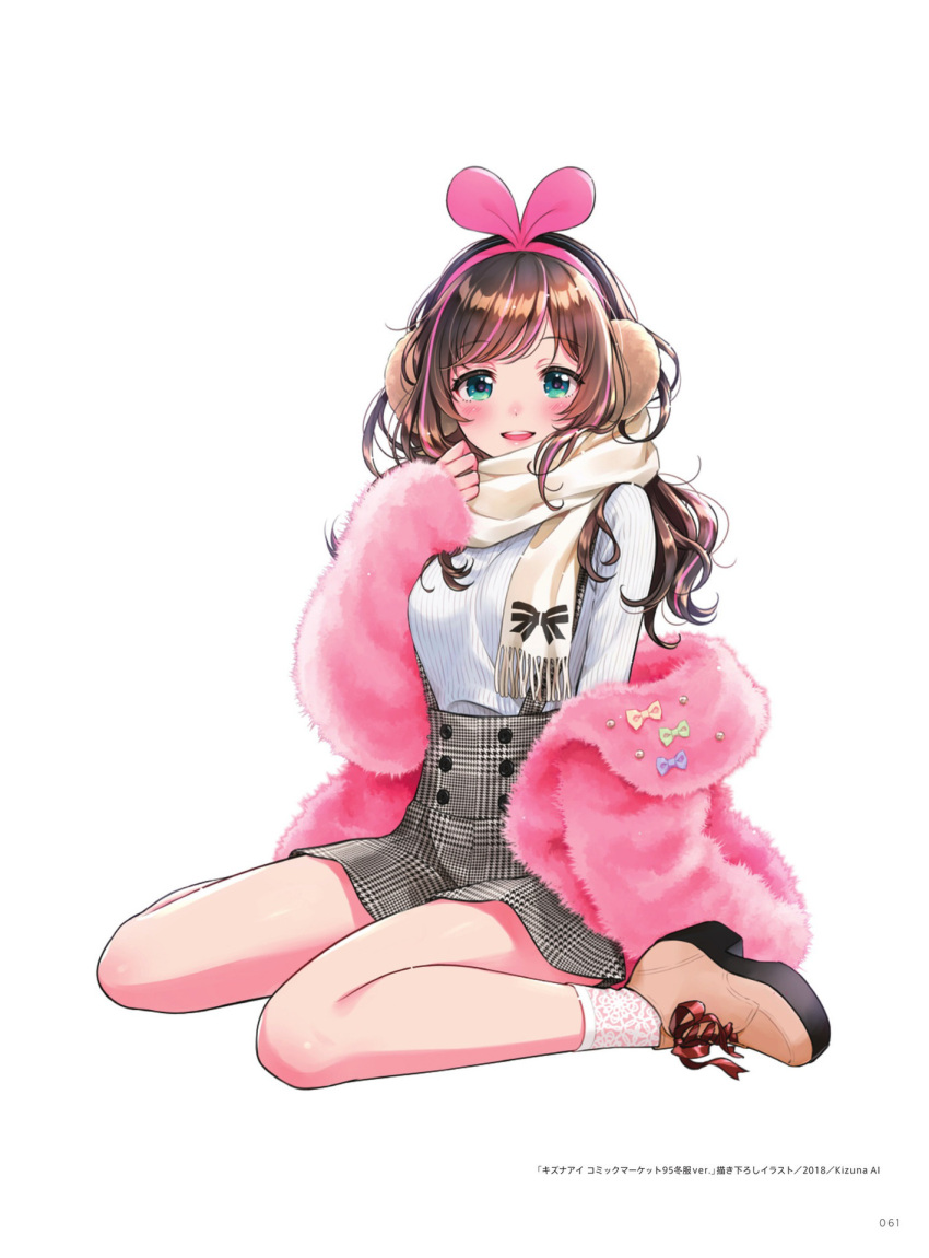 1girl a.i._channel bangs blush brown_hair dress earmuffs eyebrows_visible_through_hair full_body hairband highres jacket kizuna_ai lips long_hair looking_at_viewer morikura_en multicolored_hair off_shoulder official_art open_mouth page_number pink_hair pink_hairband pink_jacket ribbed_sweater scarf shiny shiny_hair shoes short_dress simple_background sitting socks solo sweater virtual_youtuber wariza white_background white_legwear